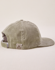 Side view Dugout Corduroy Hat in Khaki Grey. Big Bud label sewn on edge of hat.