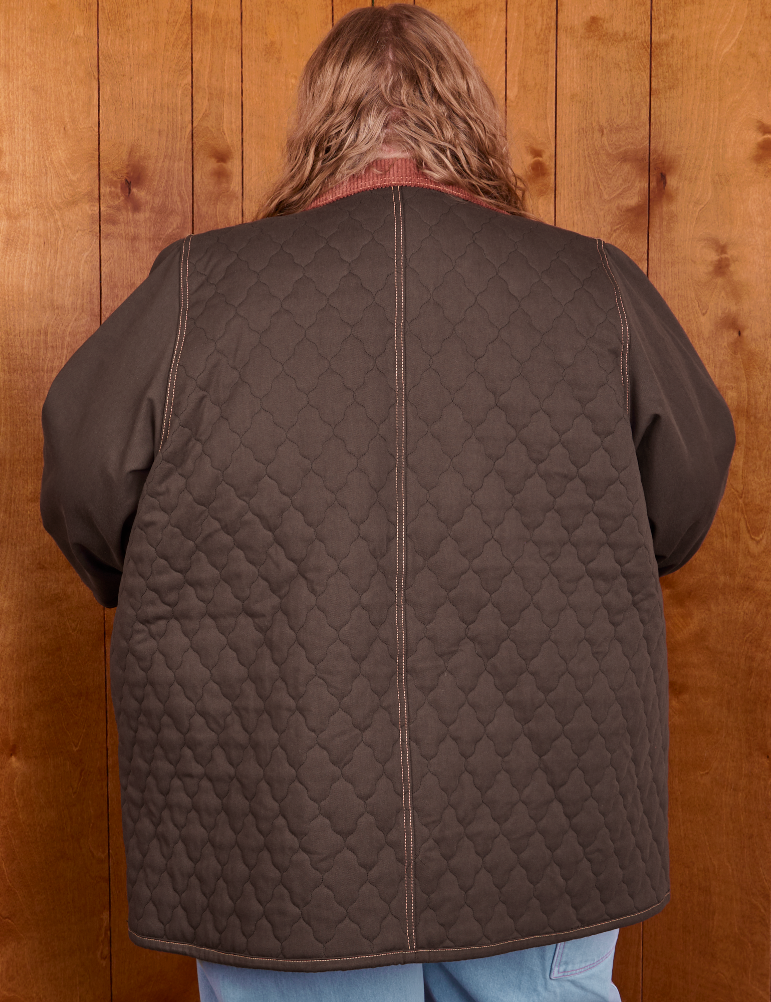 Back view of Quilted Overcoat in Espresso Brown on Catie