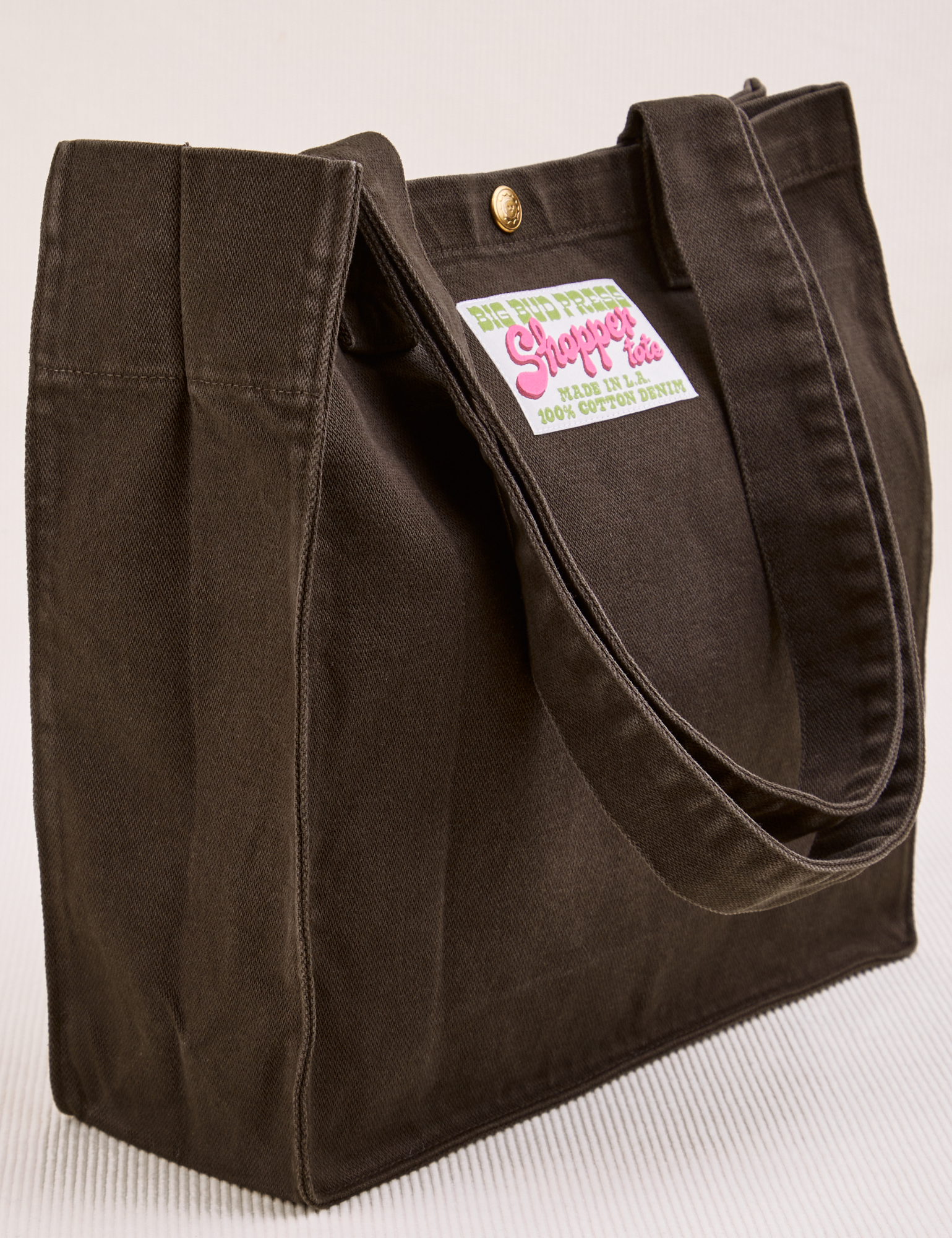 Angled view of Shopper Tote Bag in Espresso Brown