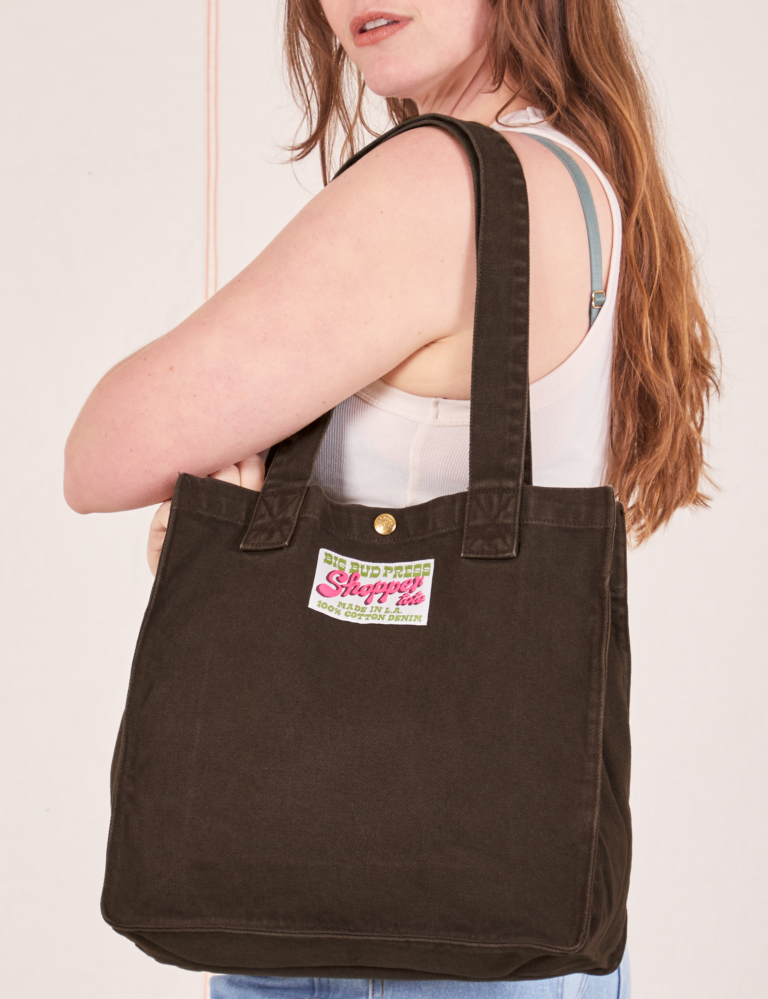 Shopper Tote Bag in Espresso Brown worn over shoulder on Allison