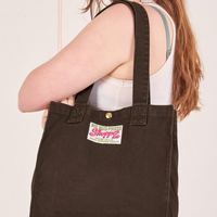 Shopper Tote Bag in Espresso Brown worn over shoulder on Allison