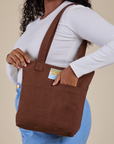 Over-Shoulder Zip Mini Tote in Fudgesicle Brown worn on shoulder of model