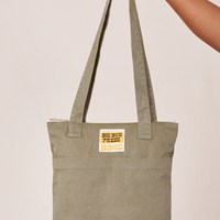 Over-Shoulder Zip Mini Tote in Khaki Grey held by model