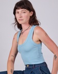 Cropped Tank Top in Baby Blue side view on Alex