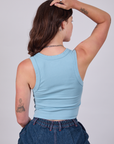 Cropped Tank Top in Baby Blue back view on Alex
