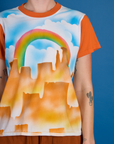 Close up of the the Orange Mesa Airbrush Vintage Tee on Alex