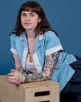 Painted Pantry Button-Up in Baby Blue worn by Sydney