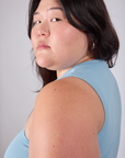 Cropped Tank Top in Baby Blue shoulder close up on Ashley
