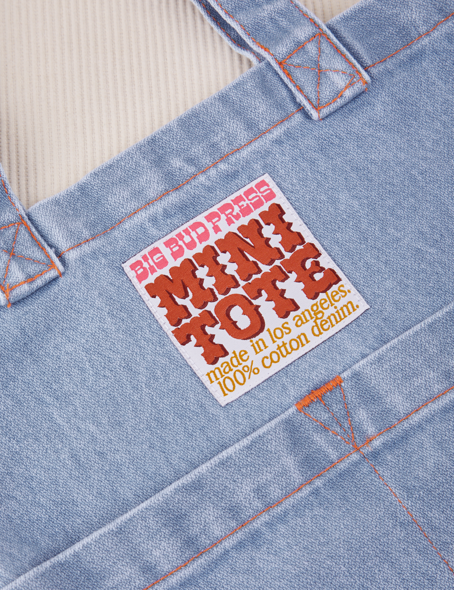 Denim Mini Tote Bag in Light Wash label close up