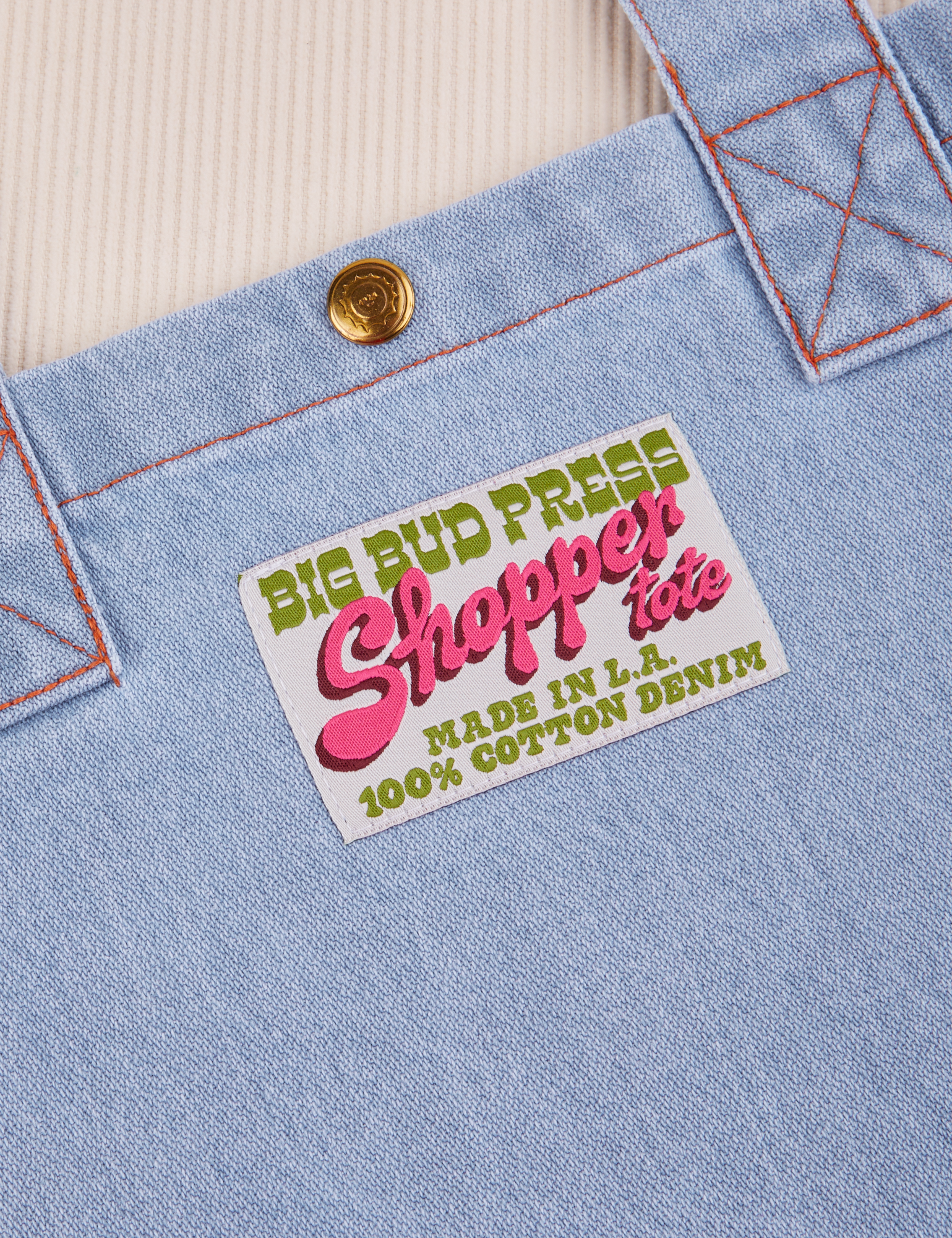 Denim Shopper Tote Bag label close up
