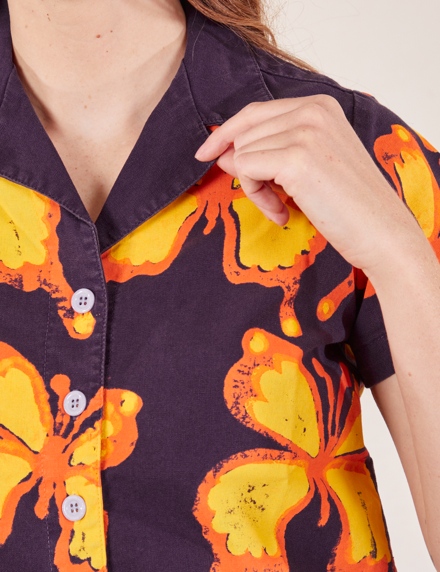 Icon Pantry Button-Up in Butterfly front close up on Scarlett