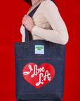 I Love LA tote worn over should of model