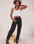 Jerrod is 6'3" and wearing S Long Heavyweight Trousers Basic Black paired with Cropped Cami in vintage tee off-white