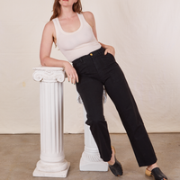 Work Pants in Basic Black on Allison wearing a vintage off-white Tank Top