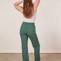 Work Pants in Dark Emerald Green back view on Allison wearing vintage off-white Tank Top