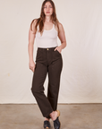 Allison is 5'10" and wearing Long S Work Pants in Espresso Brown paired with a Tank Top in vintage tee off-white