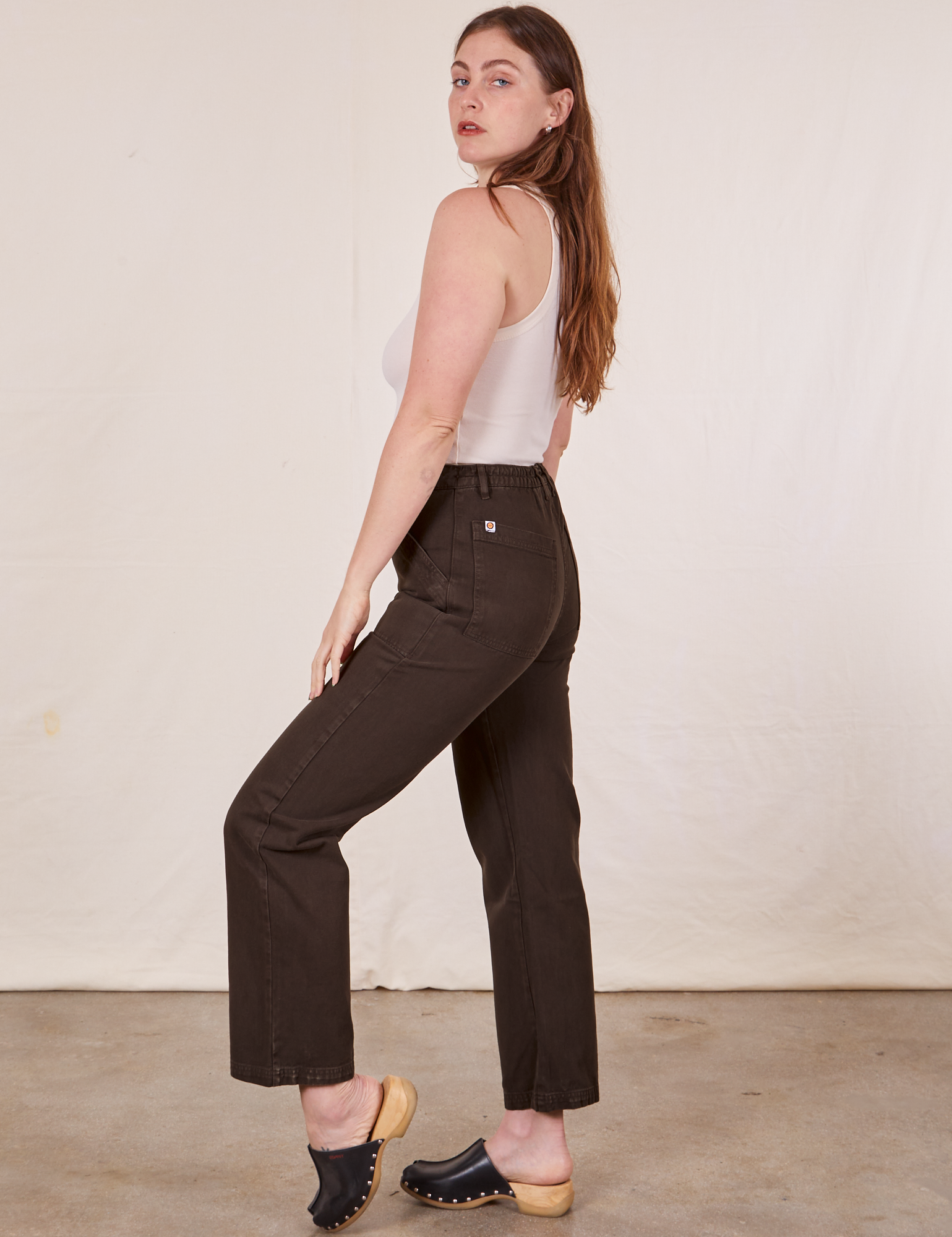 Work Pants in Espresso Brown side view on Allison wearing a Tank Top in vintage tee off-white