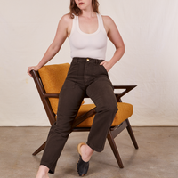 Work Pants in Espresso Brown on Allison wearing vintage off-white Tank Top