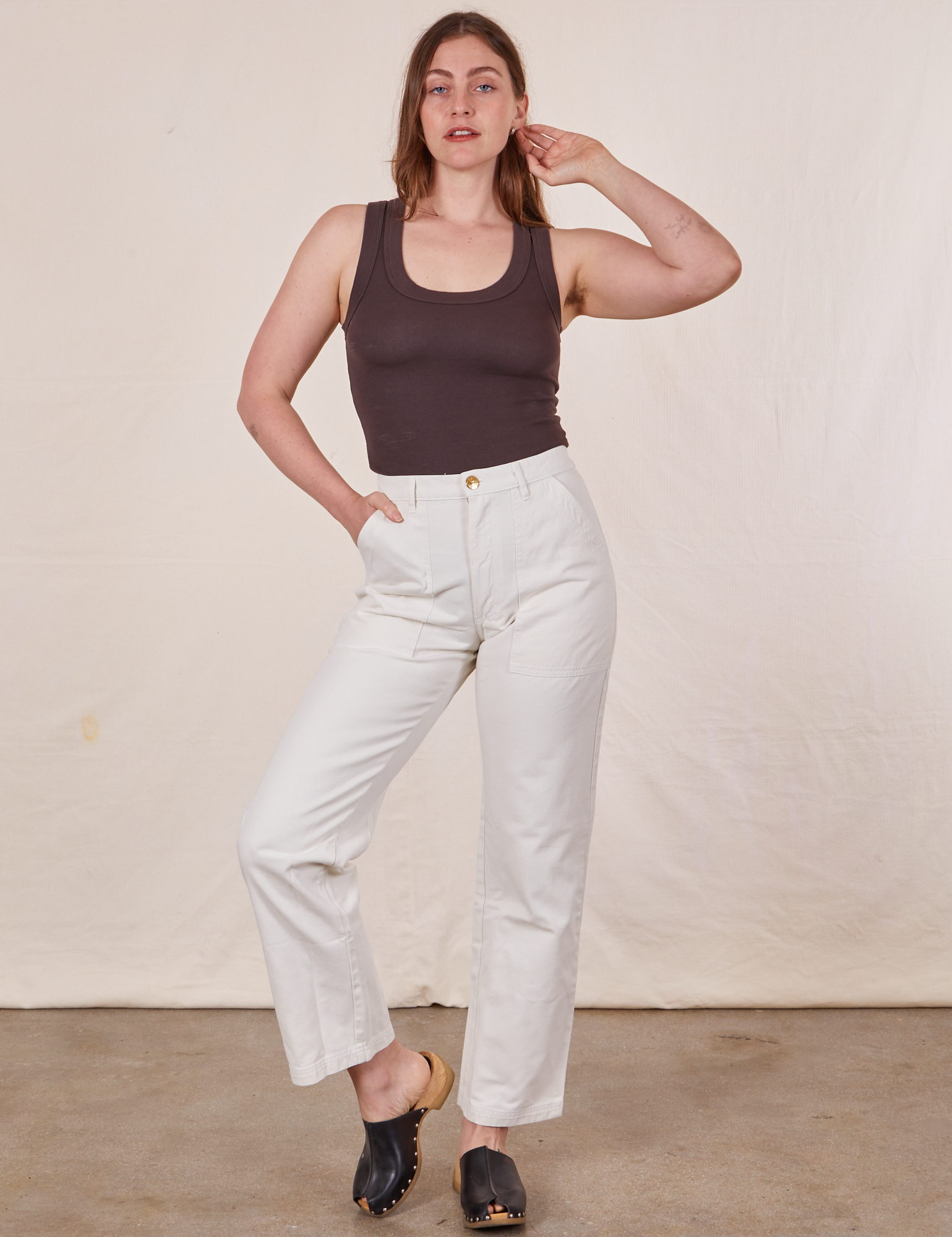Allison is 5'10" and wearing Long S Work Pants in Vintage Tee Off-White paired with espresso brown Tank Top