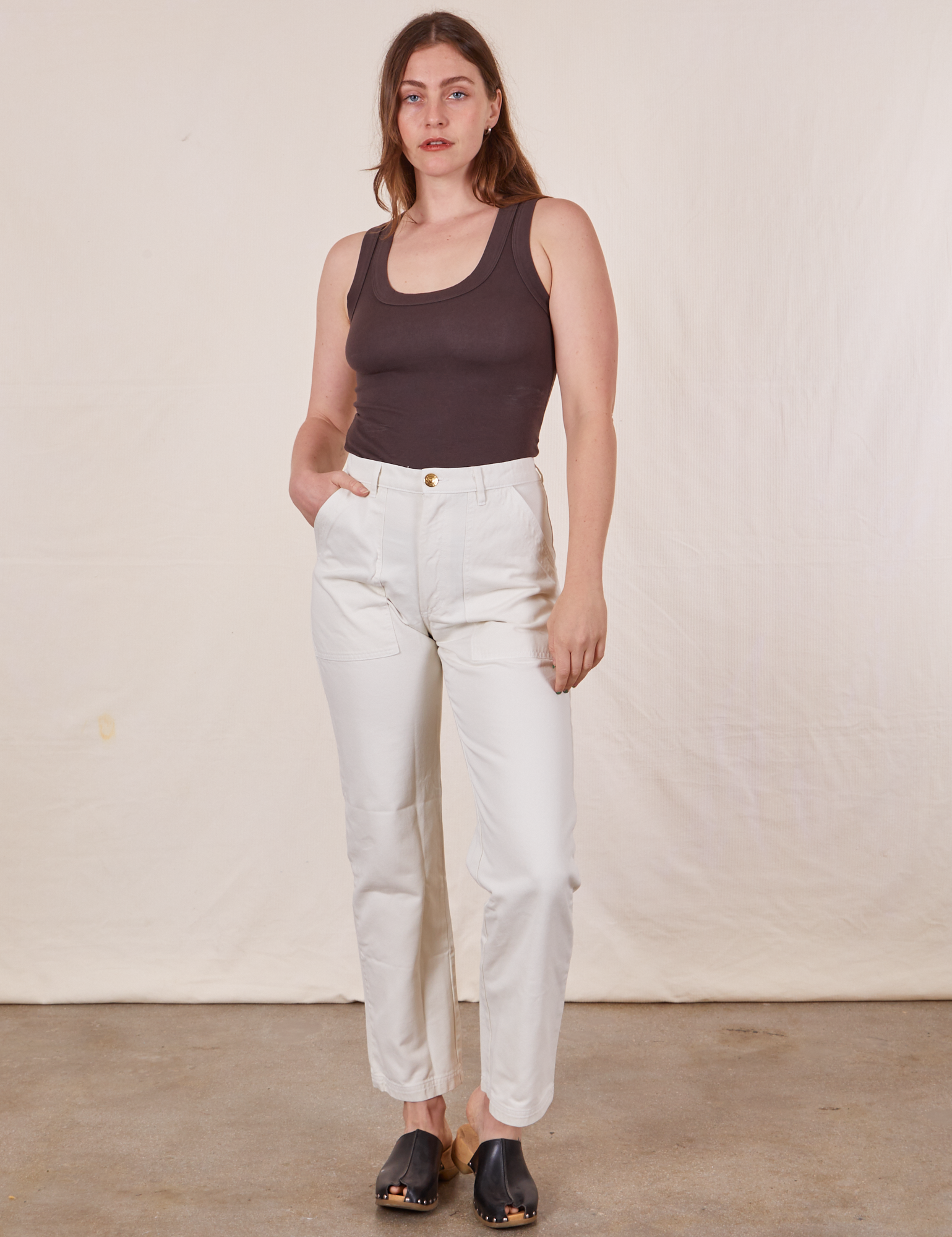 Work Pants in Vintage Tee Off-White on Allison wearing espresso brown Tank Top