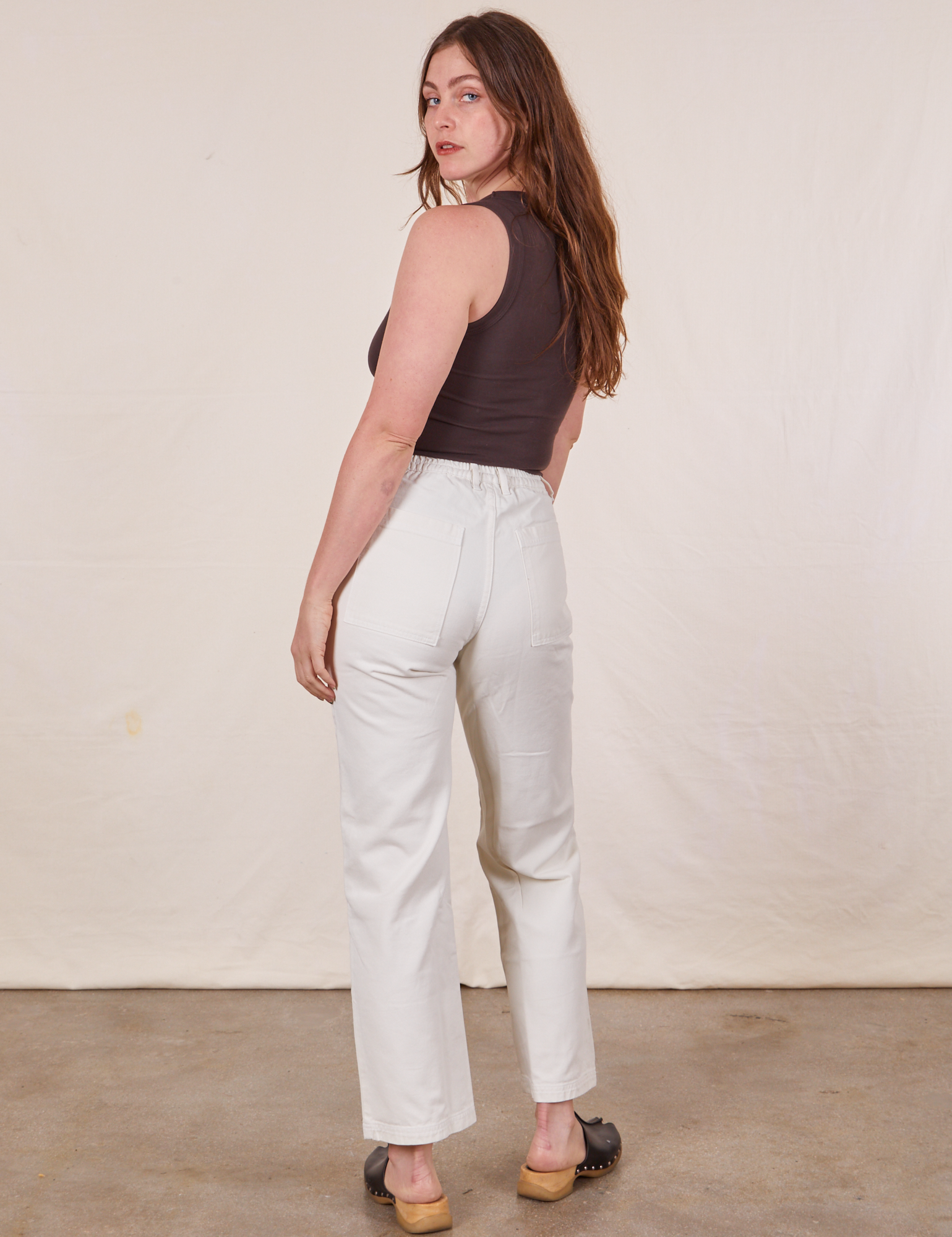 Work Pants in Vintage Tee Off-White back view on Allison wearing espresso brown Tank Top