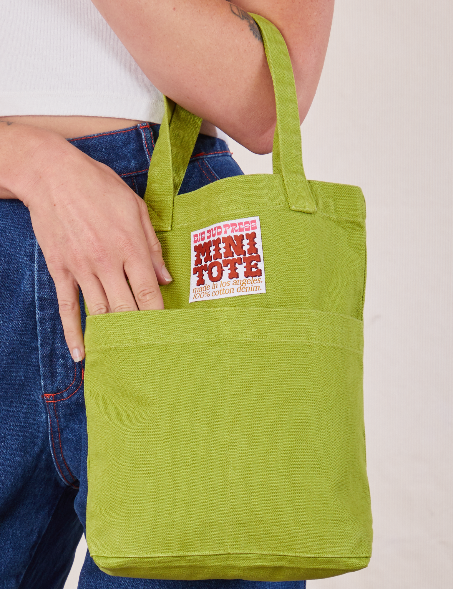 Gross Green Mini Tote Bag on Alex's arm