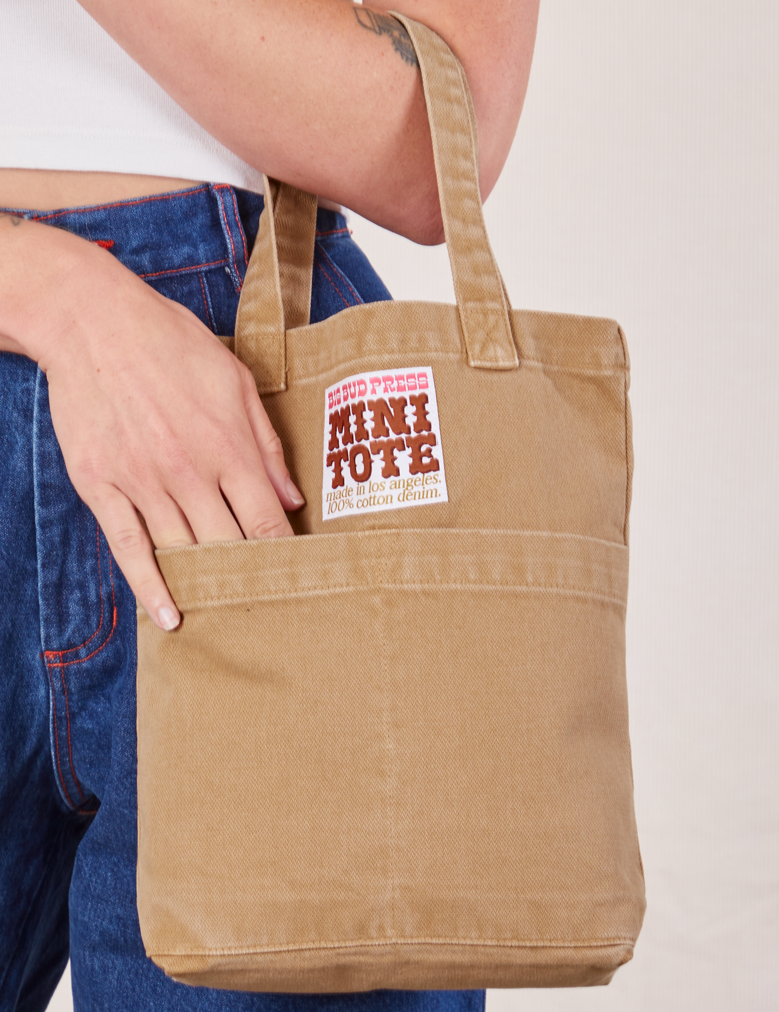 Tan Mini Tote Bag on Alex's arm