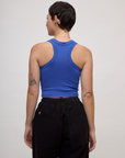Back view of the Cornflower Blue Deep Cut Racerback on Alex