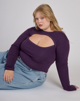 Juliet wearing the Nebula Purple Long Sleeve Porthole Tee