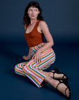 Work Pants in Rainbow Stripe and burnt terracotta Cropped Tank on Alex