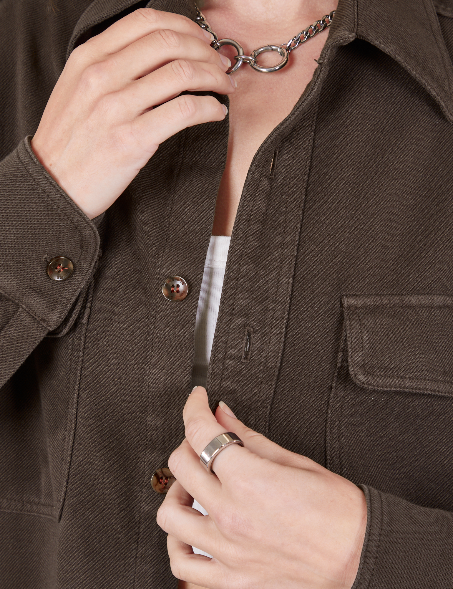 Front close up of Flannel Overshirt in Espresso Brown on Alex
