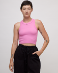 Close up of Alex in the P Bubblegum Pink Deep Cut Racerback
