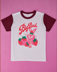 Vintage Tee in Strawberry Milk - Big Bud written across with illustration of rabbit, strawberries and milkshake