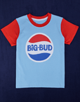Vintage Tee in Cola - baby blue body with mustang red sleeves and neckline - Big Bud in blue type in center of shirt between a red and blue wave