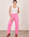 Tiara is 5'4" and wearing size S Work Pants in Bubblegum Pink paired with Tank Top in vintage tee off-white