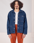 Jesse is 5'8" and wearing S Indigo Denim Work Jacket in Dark Wash