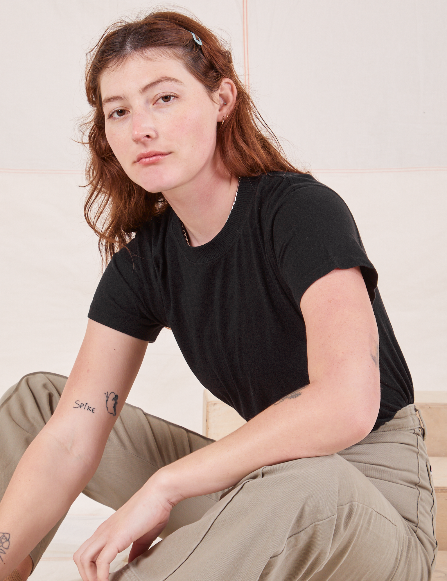Alex is wearing P Organic Vintage Tee in Basic Black
