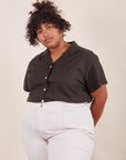 Morgan is wearing Pantry Button-Up in Espresso Brown tucked into vintage tee off-white Western Pants