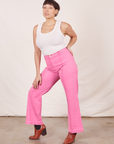 Western Pants in Bubblegum Pink on Tiara wearing Tank Top in vintage tee off-white