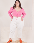 Wrap Top in Bubblegum Pink on Ashley wearing vintage tee off-white Western Pants