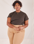 Morgan is wearing Organic Vintage Tee in Espresso Brown and tan Work Pants