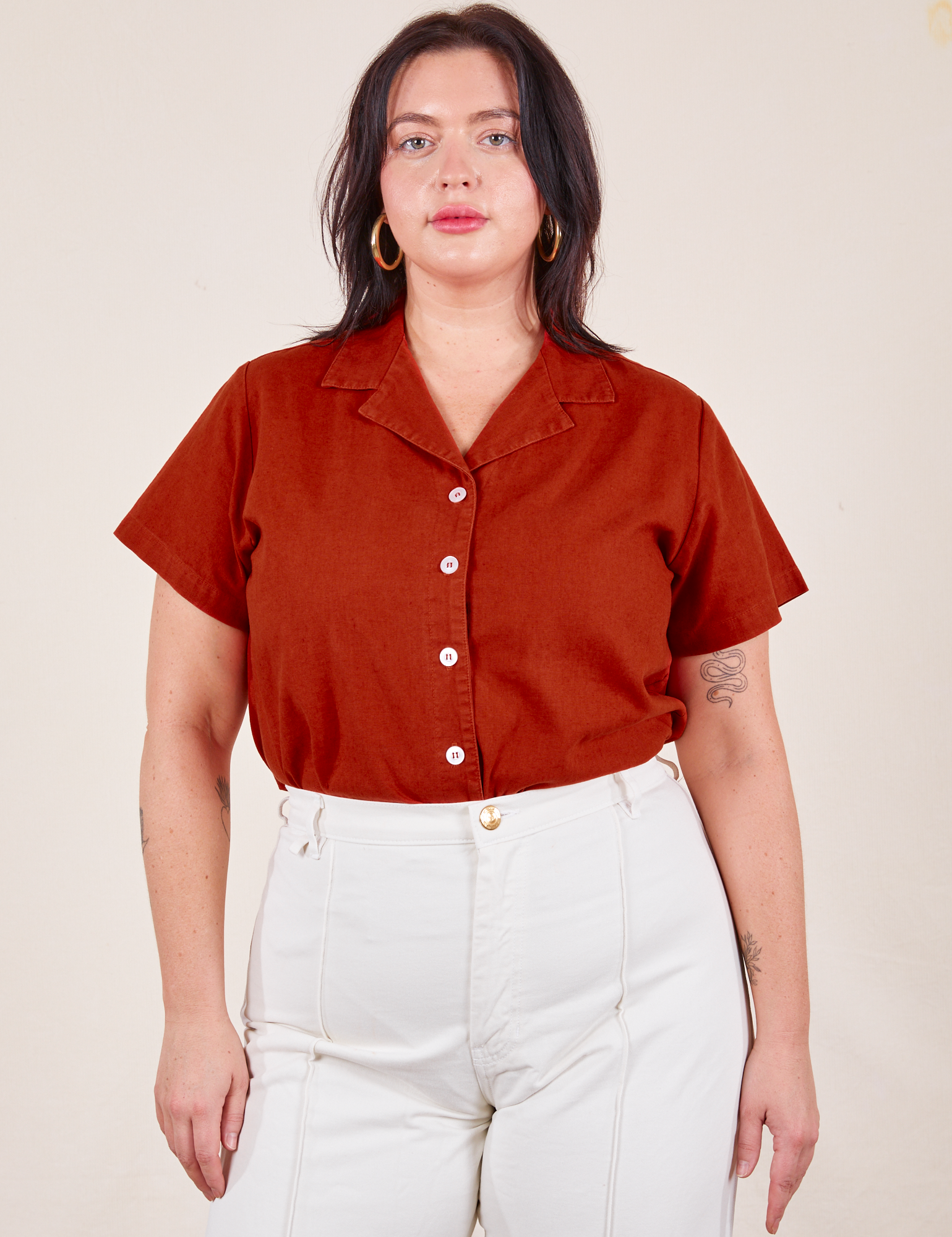 Faye is wearing Pantry Button-Up in Paprika tucked into vintage tee off-white Western Pants