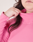 Front close up of Essential Turtleneck in Bubblegum Pink worn by Ashley