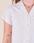 Pantry Button-Up in Vintage Tee Off-White front close up on Alex