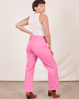 Western Pants in Bubblegum Pink back view on Tiara wearing Tank Top in vintage tee off-white