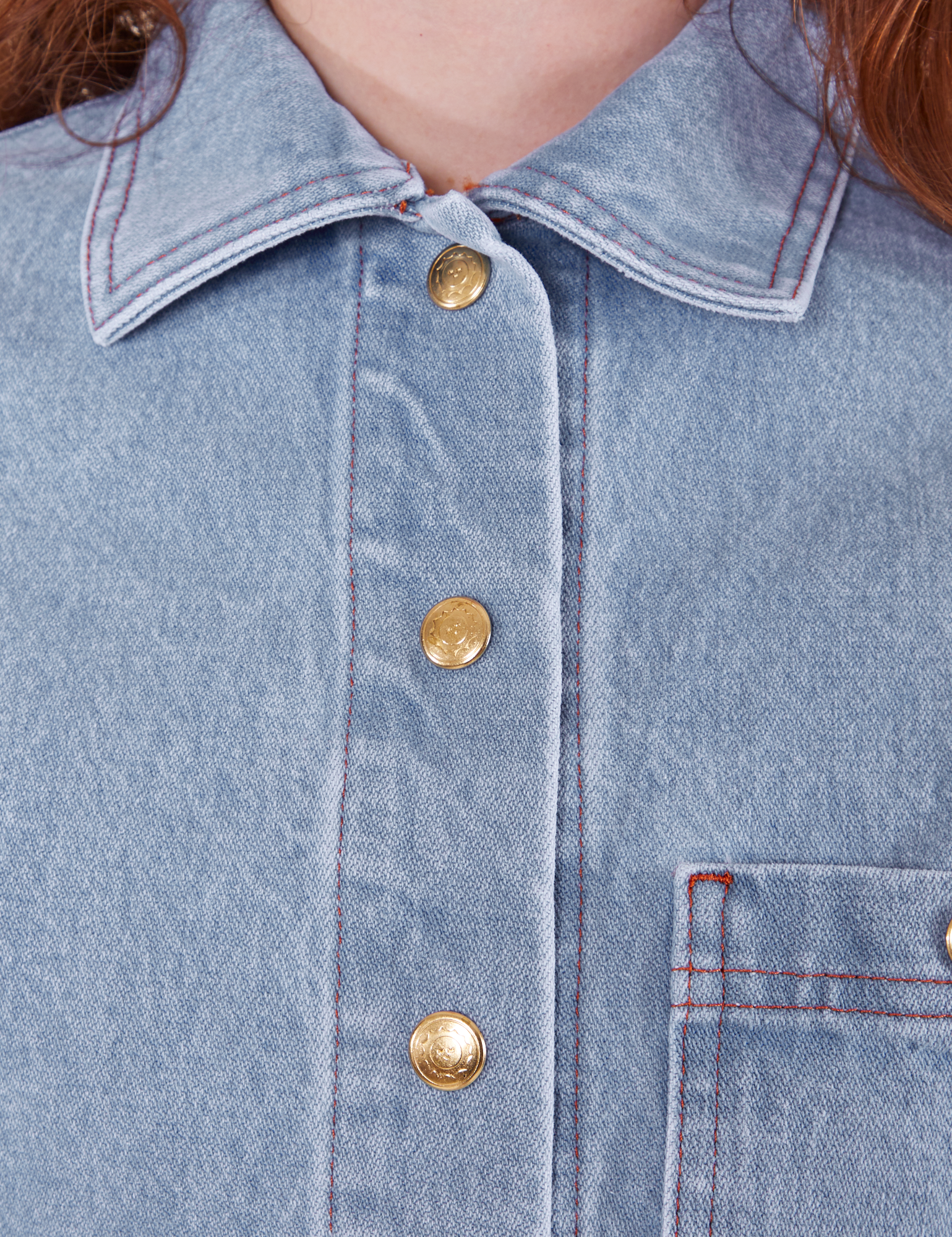 Indigo Denim Work Jacket in Light Wash front close up on Alex