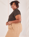 Side view of Organic Vintage Tee in Espresso Brown and tan Work Pants worn by Morgan