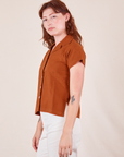 Side view of Pantry Button-Up in Burnt Terracotta worn by Alex