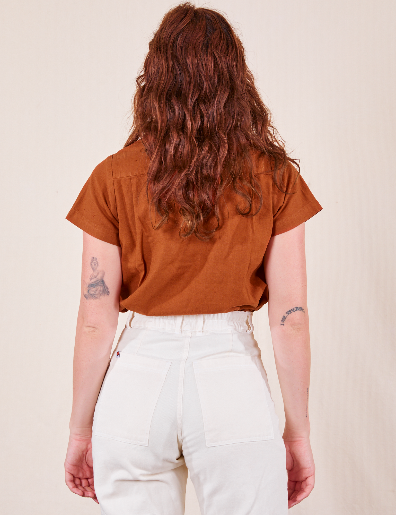 Back view of Pantry Button-Up in Burnt Terracotta worn by Alex