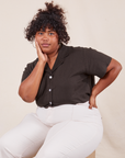 Morgan is wearing Pantry Button-Up in Espresso Brown and tee vintage off-white Western Pants